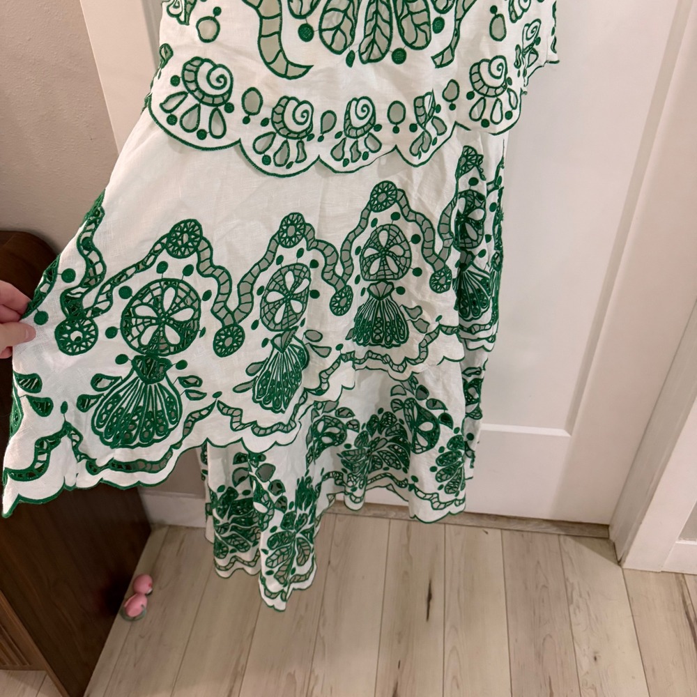 FARM Rio Flower Richelieu Linen Midi Dress Green White Cutout Tiered XS Boho - Picture 11 of 12